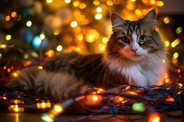 A cute cat lies on a bunch of lit New Year's garland. Pet gets tangled in colorful Christmas lights