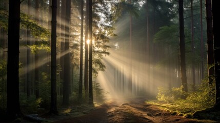 first moody sunbeams in beautiful forest in morning hours