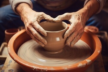 Fototapeta na wymiar Close-up hands of a potter sculpting a pot, a bowl from raw clay on a potter's wheel in a ceramic workshop.