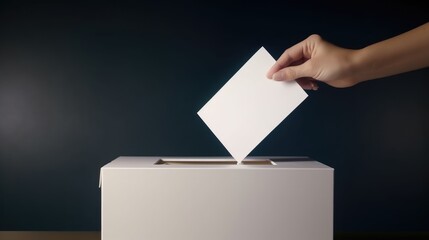 A voter's hand places a ballot into a ballot box in an election.
