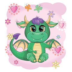 Cute cartoon green baby dragon with horns and wings. Symbol of 2024 according to the Chinese calendar. Funny mythical monster reptile