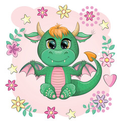 Naklejka premium Cute cartoon green baby dragon with horns and wings. Symbol of 2024 according to the Chinese calendar. Funny mythical monster reptile