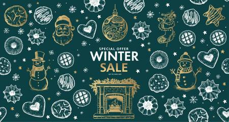 Winter sale, Christmas Cookie and ball set, Hand drawn illustration.	
