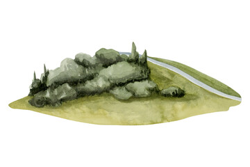 Hill landscape with forest trees and a road watercolor illustration isolated on white background. Mediterranean valley view of Holy land or Jerusalem view © Elena Malgina