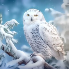 White Winter Owl Perched on a Tree Branch in a Snowy Forest