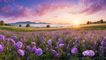 Vibrant sunset over a purple flowers field with a panoramic view
