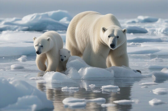 Polar bears family on ice