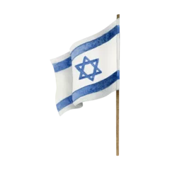 Foto op Canvas Flag of Israel with flagpole or wooden shaft watercolor isolated illustration in white and blue. Waving Israeli flag with star of David emblem hand drawn clipart © Elena Malgina
