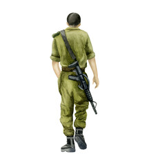 Israeli soldier of IDF with M16 assault rifle, walking view from the back watercolor illustration isolated on white for patriotic holidays, memorial days, Holocaust Remembrance and Independence Day