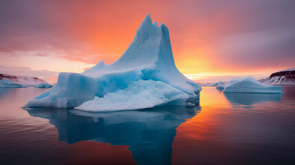 An iceberg in the sunset. Warm sunset behind it.