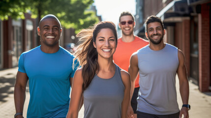 Diverse group of fictional athletic people before a running workout outside during sunny daytime. Concept of fitness, healthy lifestyle, diversity, teamwork and unity.   - obrazy, fototapety, plakaty