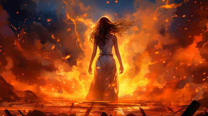 Warrior woman standing on the ground of fire