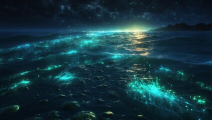 Fototapeta premium nighttime magic: a glowing blue sea 
