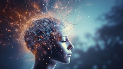 enlightened mind: glowing neurons in human brain, esoteric meditation concept, connection with other worlds