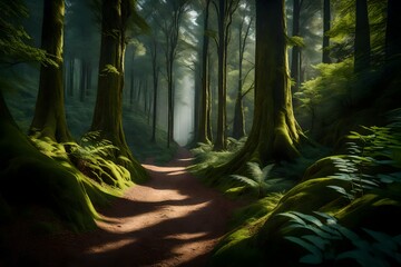 A narrow dirt path winding through a dense forest, leading to a hidden lake surrounded by ancient trees and the sounds of nature.