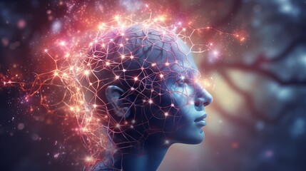 enlightened mind: glowing neurons in human brain, esoteric meditation concept, connection with...