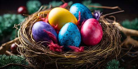 Fototapeta na wymiar Easter eggs in a natural nest with bird color full eggs on a nest background colorful Easter eggs in a nest with a branch of leaves and a red berry. AI Generative 