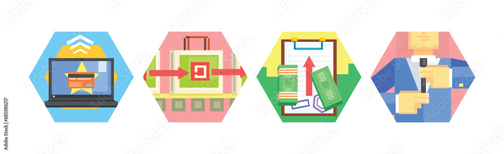 Poster consumer and marketing icon in hexagonal shape vector set