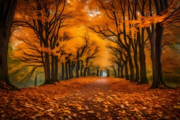 The forest path weaving through a dense carpet of fallen leaves, with the trees forming a majestic tunnel of autumnal splendor overhead.