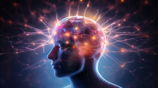 enlightened mind: glowing neurons in human brain, esoteric meditation concept, connection with other worlds