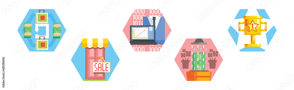 Poster consumer and marketing icon in hexagonal shape vector set