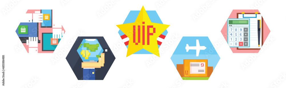 Poster consumer and marketing icon in hexagonal shape vector set