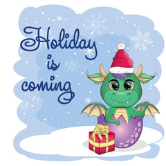 Cute cartoon green dragon in santa hat. 2024 new year, chinese calendar