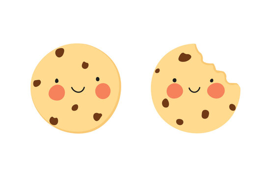 Crispy cookie illustration with a bite. Doodle flat style illustration smile cookies.