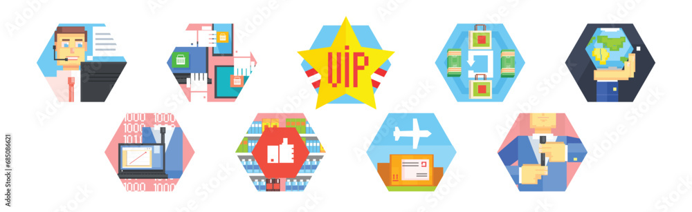 Poster consumer and marketing icon in hexagonal shape vector set
