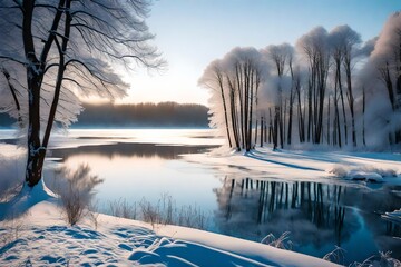 A lakeside trail in the midst of winter, with snow-covered trees and a frozen lake reflecting the soft hues of the early morning light.