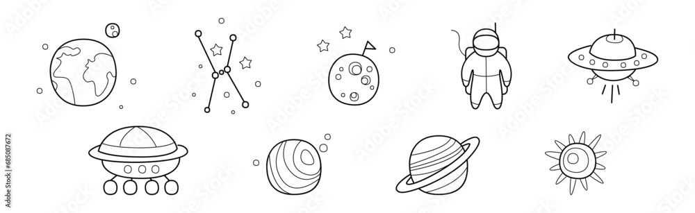 Poster outer space and universe icon in outline style vector set