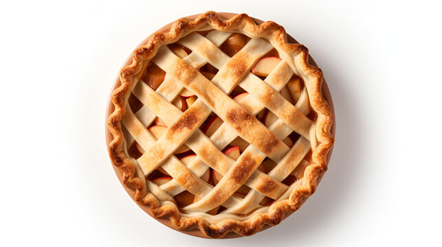 table top image of an apple pie on a white background