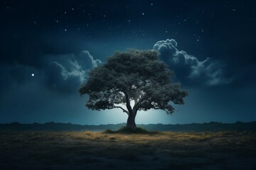Fototapeta na wymiar Full moon casting a soft glow on a solitary tree
