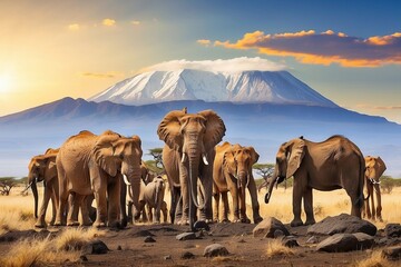 group of elephants mountain on background