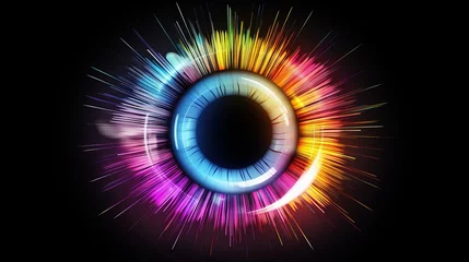 Fotobehang vibrant multicolored iris animation with rainbow lines – eye concept in 4k 3d rendering © touseef