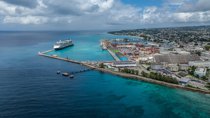 aerial landscape view of area around the port of Bridgetown, Barbados, a multipurpose seaport with...