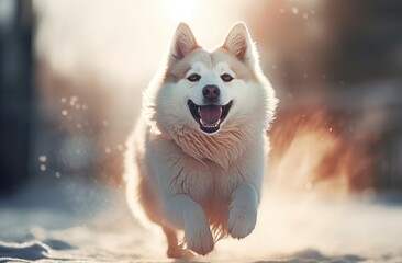 Naklejka premium Running funny fluffy dog in wintertime. Pet doggy playing and sprinting outside. Generate ai