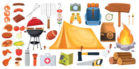 Vector cartoon set of colorful camping images. The concept of traveling and hiking in the forest. Elements for your design. - obrazy, fototapety, plakaty