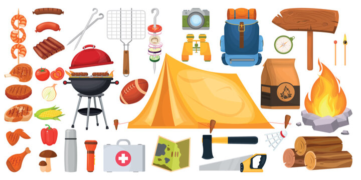 Vector cartoon set of colorful camping images. The concept of traveling and hiking in the forest. Elements for your design.