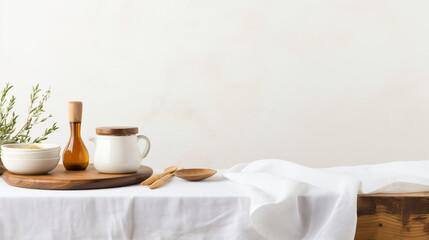 Fototapeta na wymiar Wooden utensils and tablecloth
