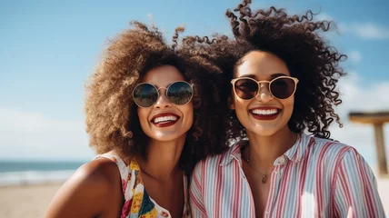 Fotobehang Two Afro American best female friends sitting together on beach smiling in the summer. Ethnic diverse friends hugging laughing and having fun © annebel146