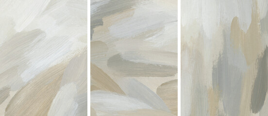 Abstract art background set. Acrylic hand painted templates in neutral colors. Textures with paint brush strokes