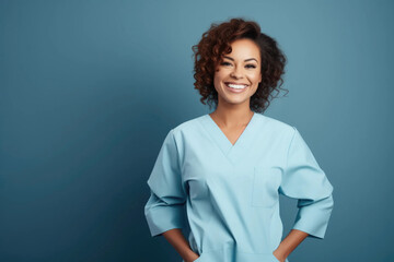 portrait of smiling doctor, nurse or dentist with curly hair posing on blue background