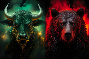 Bull and a bear. Trading, stock and crypto market illustration made with Ai generative technology