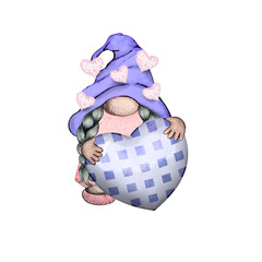 Valentines Gnome. St. Valentine's Gnome. Purple Gnome. Watercolor Gnome