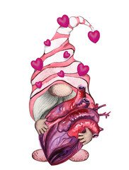 Valentines Gnome. St. Valentine's Gnome. Watercolor Gnome