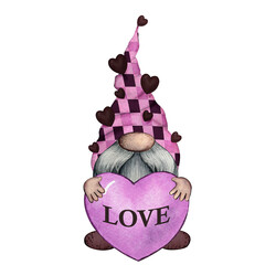 Valentines Gnome. St. Valentine's Gnome. Pink Gnome. Watercolor Gnome