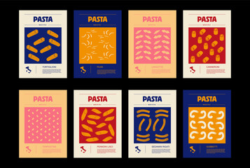 Italian macaroni types, labels for packages set. Tortiglioni, filini, lancette, canneroni, tempestine, pennoni lisci, sedanini rigati, gobbetti pasta. Organic and natural product