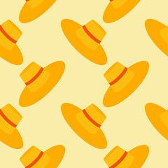 straw hat seamless pattern vector illustration. Vacation and rest in tropical country. Seasonal summer rest and relaxation. Seamless pattern print, background or wallpaper. Vector in flat style