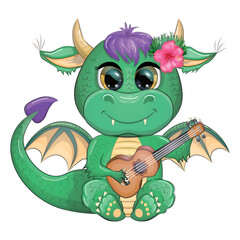 Cute cartoon green baby dragon with ukulele, holiday paraphernalia. Symbol of 2024 according to the Chinese